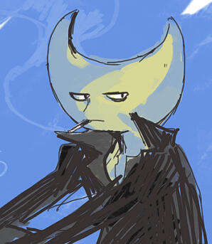 A messy, colored digital sketch of Wayne from Hylics sitting down and smoking a cigarette on a blue background.